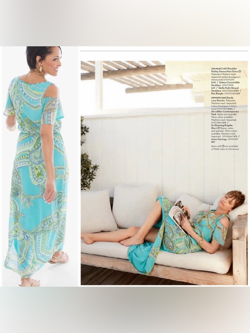 Chico's Turquoise & Green Paisley Cold-Shoulder Maxi Dress Size 3 (16)